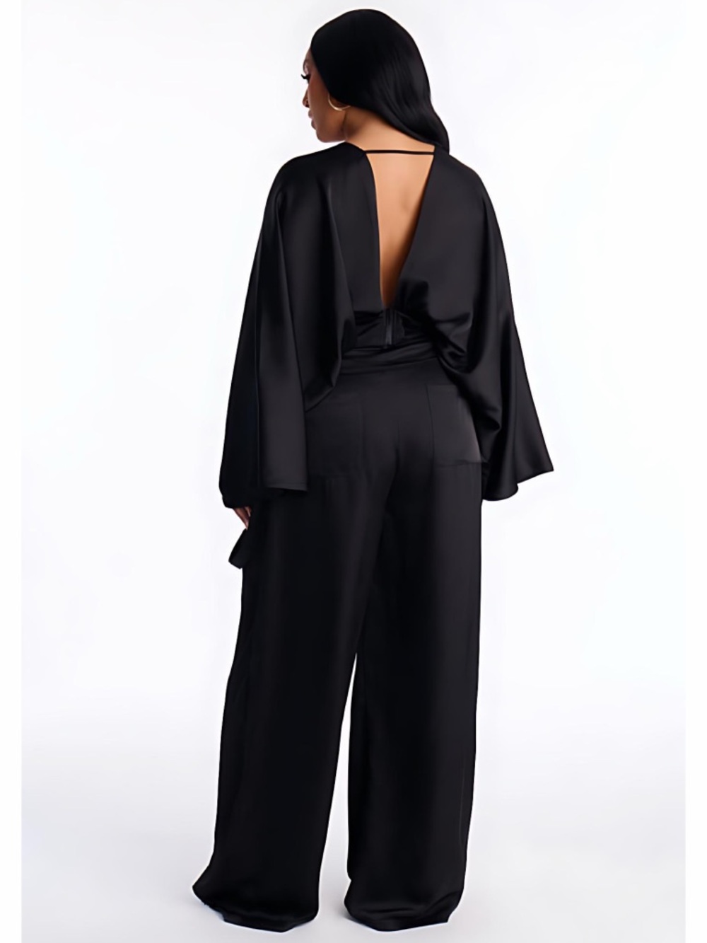 Black Satin Draped Open Back Blouse Size L Dolman Kimono Sleeve Minimalist Goth - Picture 2 of 12